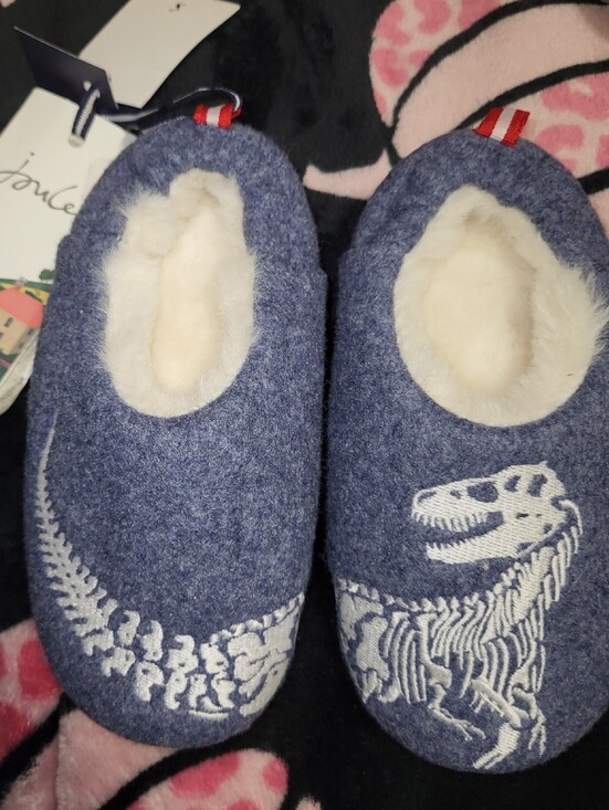 Joules Other - Joules Navy Blue Dino Footie Slippers with Cream Plush Lining